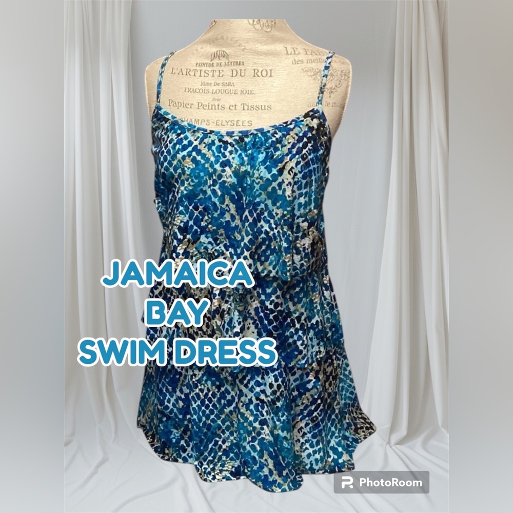 Jamaica Bay Sz 14 Bathing Suit One Piece Swim Dress Blue Patterned Layered